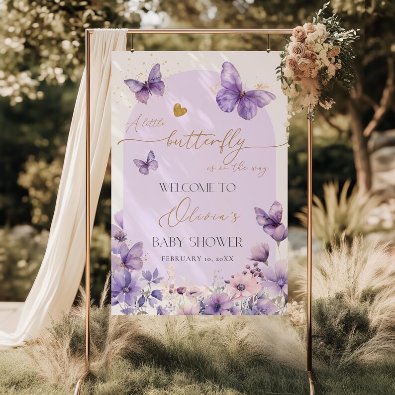 Purple Butterfly Baby Shower Welcome Sign, Editable Purple Butterfly Girl Baby Shower Welcome Poster Template, Butterfly Shower Decor BS126 image 4