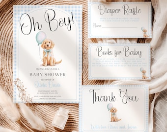 Golden Retriever Baby Shower Invitation Bundle, Golden Retriever Puppy Baby Shower Invitation Set Southern Boy Editable Invite Template BS55