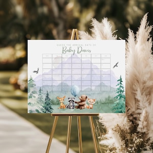 Let the Adventure Begin Baby Due Date Calendar, Editable Woodland Baby Shower Calendar, Pine Trees Mountain Birthday Predictions Game BS3