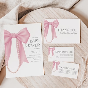 Bögen und Perlen Babypartyeinladung Bundle, bearbeitbare rosa Schleife Babypartyeinladung Canva Vorlage, Kokette Babypartyeinladung BS234