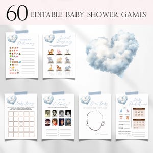 Cloud 9 Baby Shower Games Bundle, Editable Blue Coud Nine Baby Shower Games, Printable We&#39;re On Cloud Nine Boy Baby Shower Bingo Games BS226