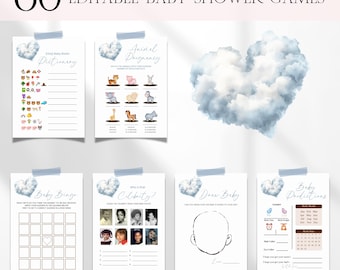 Cloud 9 Baby Shower Games Bundle, Editable Blue Coud Nine Baby Shower Games, Printable We're On Cloud Nine Boy Baby Shower Bingo Games BS226