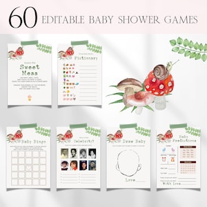 Mushroom Baby Shower Games Bundle, Editable Forest Fungi Baby Shower Games, Gender Neutral Mushroom Woodland Baby Shower Bingo Games BS155