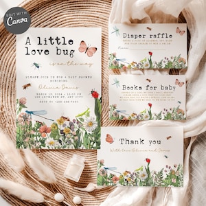Paquete de invitaciones para baby shower de Little Love Bugs, plantillas editables de mariquitas y neutras, invitación para baby shower de insectos (BS100)