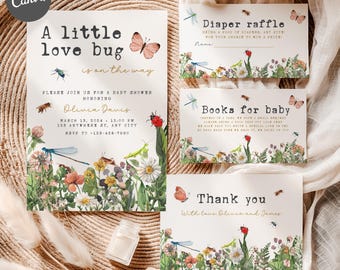 Little Love Bugs Baby Shower Invitation Bundle, Editable Gender Neutral Ladybug Insect Baby Shower Invitation Template Set, Bug Invite BS100