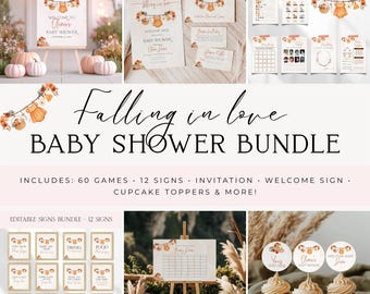 Falling In Love With Baby Shower Bundle, Editable Autumn Pumpkin Girl Baby Shower Invitation Bundle, Boho Fall Clothes Baby Shower BS153