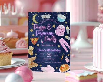 Girl Sleepover Birthday Invitation Template, Editable Girls Pajama Slumber Birthday Party Invitation Template, Girls Sleepover Invite BS131