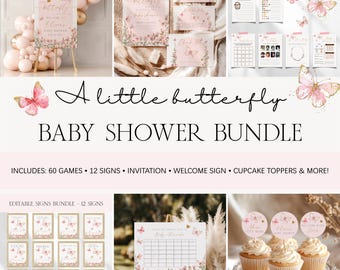 Pink Butterfly Baby Shower Bundle, Girl Butterfly Baby Shower Invitation Games Editable Template Bundle, Butterfly Signs Decor Bundle BS9