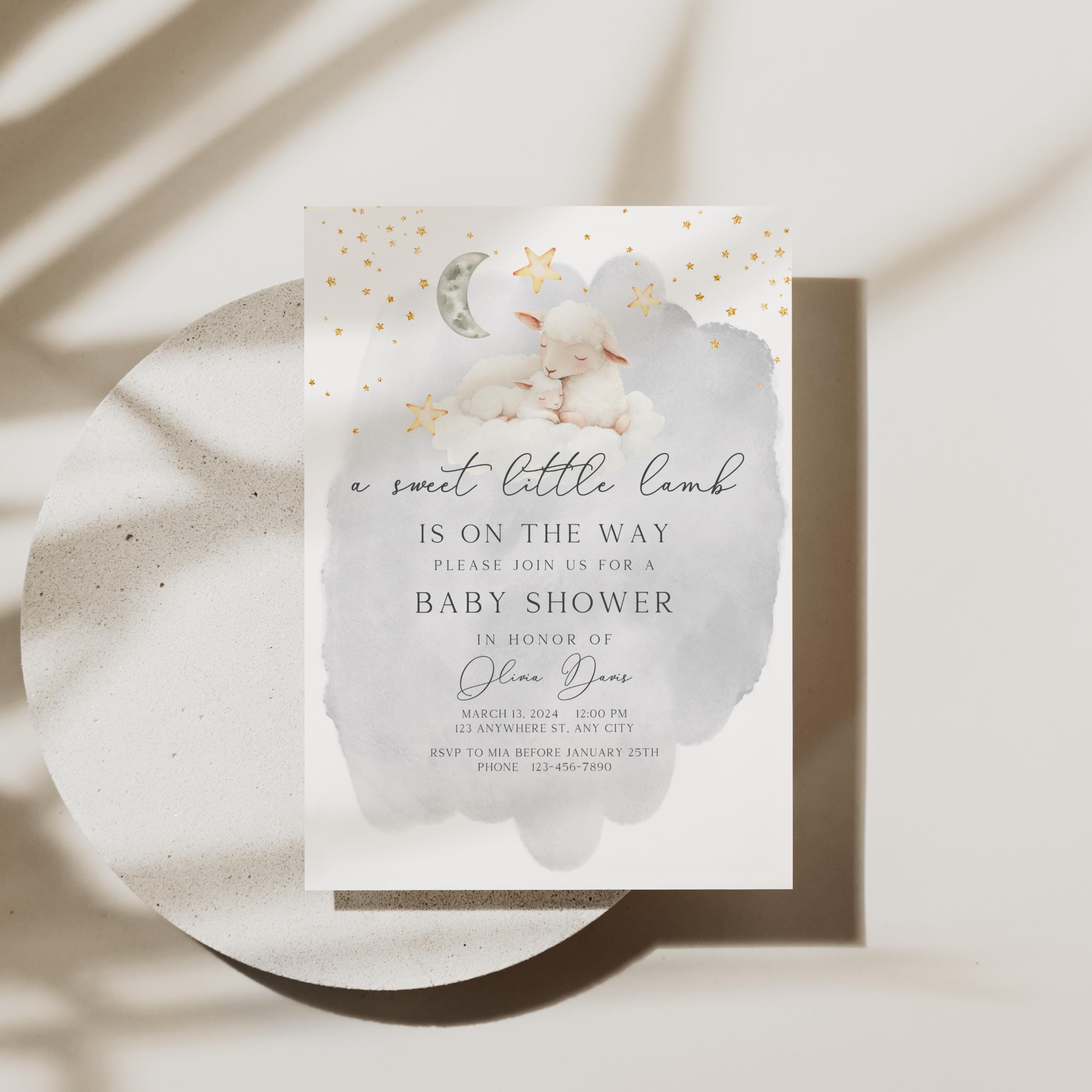 Little Lamb Baby Shower Invitation, Editable Gender Neutral Minimalist Sheep Clouds Baby Shower Invitation, Boy Girl Lamb Baby Invite BS1