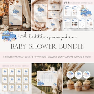 A Little Pumpkin Is On The Way Baby Shower Bundle, Blue Fall Pumpkin Truck Baby Shower Games Invitation Bundle, Autumn Baby Shower BS52