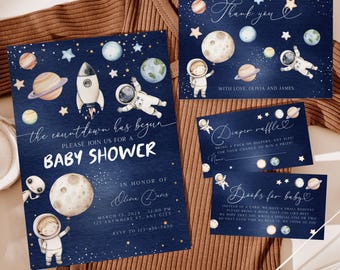 Bundel uitnodigingen voor een babyshower met ruimtethema, bewerkbare Canva-sjabloonset BS112 met aftelfunctie en astronautenthema.