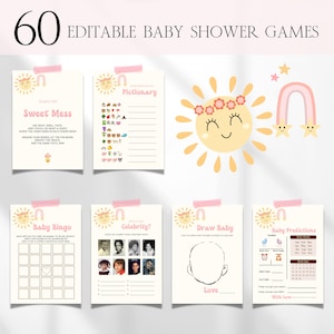 Little Ray Of Sunshine Girl Baby Shower Games Bundle, Editable Boho Retro Sunshine Baby Shower Games, Summer Sun Baby Shower Games BS199