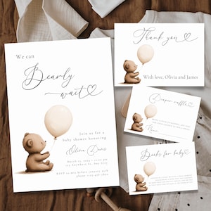 Pacchetto di modelli di invito per baby shower We Can Bearly Wait Canva, invito Boho Bear neutro di genere, invito modificabile per baby shower Bear Boy BS110