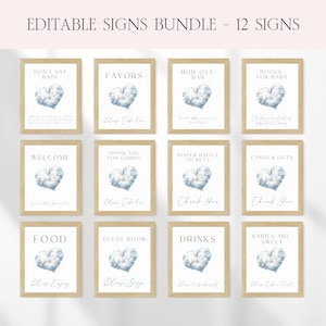 Cloud 9 Baby Shower Table Signs Bundle, Editable Blue Cloud Nine Baby Shower Sign Template, On Cloud Nine Heaven Boy Baby Shower Decor BS226