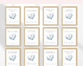 Cloud 9 babyshower tafel borden bundel, bewerkbare blauwe wolk negen babyshower bord sjabloon, op wolk negen hemel jongen babyshower decor BS226