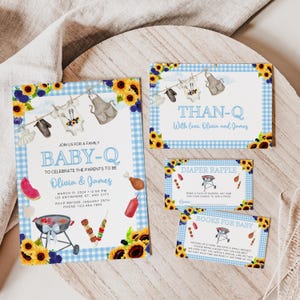Baby-Q Boy Baby Shower Invitation Bundle, Editable Couples Backyard BBQ Baby Shower Invitation Template, Coed Baby-Q Shower Invite BS84