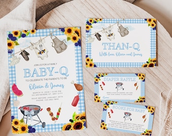 Baby Q Boy Baby Shower Invitation Bundle, Editable BBQ Invite, Personalized Sprinkle, Instant Download BS84