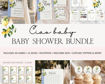 Paquete de baby shower "Ciao Baby Lemon", descarga digital en italiano, juegos divertidos, decoraciones y plantillas imprimibles BS141