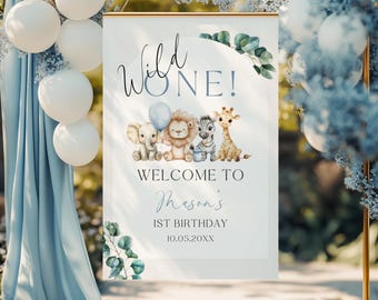 Wild One Safari Birthday Welcome Sign, Editable Wild One 1st Birthday Jungle Animal Party Welcome Sign Canva Template, Safari Birthday BS137