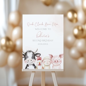 Oink Cluck Baa Moo Birthday Welcome Sign, Editable Farm Animals Boy Birthday Welcome Sign Canva Template, Girl Farm Birthday Poster BS222