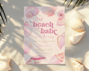 A Little Beach Babe Baby Shower Invitation, Editable Pink Shell Baby Shower Invitation Template, Boho Summer Beach Baby Shower Invite BS178
