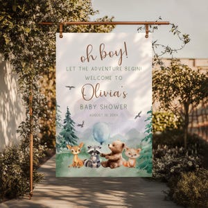 Adventure Begin Woodland Baby Shower Welcome Sign, Woodland Baby Shower Poster Boy Adventure Baby Shower Decor, Forest Mountain Shower BS3