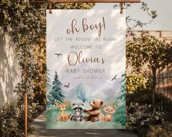 Adventure Begin Woodland Baby Shower Welcome Sign, Woodland Baby Shower Poster Boy Adventure Baby Shower Decor, Forest Mountain Shower BS3