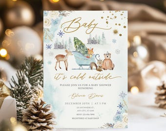 Winter Woodland Baby Shower Invitation, Editable Digital Download, Gender Neutral, Forest Animals Theme BS235