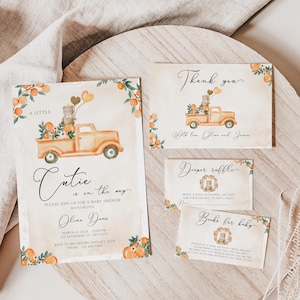 A Little Cutie Is On The Way Orange Baby Shower Invitation Bundle, Editable Summer Citrus Cutie Baby Shower Canva Invitation Template BS180