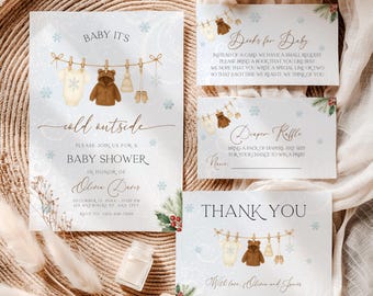 Baby It's Cold Outside Baby Shower Invitation Bundle, Editable Winter Snowflake Baby Clothes Baby Shower Canva Template, Gender Neutral BS91