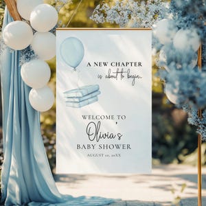 A New Chapter Begins Baby Shower Welcome Sign, Editable Book Themed Blue Baby Shower Welcome Sign Canva Template, Storybook Shower BS187