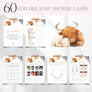 Holy Cow Baby Shower Games Bundle, Editable Boho Highland Cow Baby Shower Games, Neutral Printable Ranch Farm Cow Baby Shower Games BS87