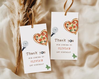 Etiqueta de agradecimento para festa de aniversário infantil com tema de pizza, modelo editável para Canva, etiqueta para lembrancinha de festa de aniversário infantil com tema de pizza, etiqueta para imprimir BS105