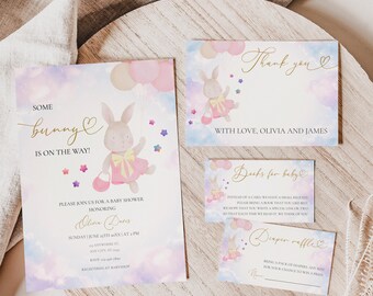 Invitación digital para baby shower con diseño de conejito, diseño de flores rosas imprimibles (BS245)