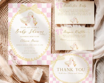 Paquete de invitaciones para baby shower de Mamá Ganso, editables e imprimibles, temática de Ganso Divertido, diseño floral BS135