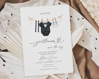 Little Gentleman Baby Shower Invitation, Editable Bow Tie Baby Shower Invitation Canva Template, Boy Clothing Line Little Man Invite BS166