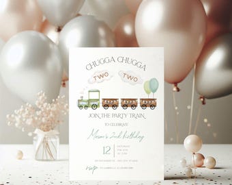 Chugga Two Second Birthday Invitation, Editable Train Party Invite, Instant Download, 2nd Birthday Ideas BS207