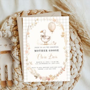 Invito per baby shower Mother Goose, modello di invito per baby shower modificabile con filastrocca di genere neutro, download immediato di Mother Goose BS70