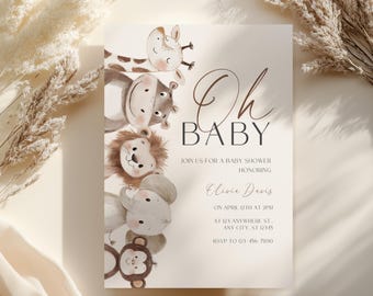 Oh Baby Safari Baby Shower Invitation, Editable Jungle Animals Theme, Gender Neutral Printable Template, Instant Download BS225