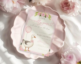 Invitación para baby shower de Silly Goose, Plantilla editable de Canva para invitación de baby shower de Little Silly Goose, Baby Shower de primavera con estampado floral a cuadros BS142