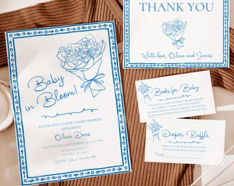Paquete de invitaciones para baby shower de niño "Baby in Bloom", invitación floral personalizable, plantilla digital, diseño imprimible BS239