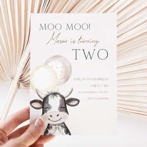 Moo Im Two Birthday Invitation, Editable Gender Neutral Cow Second Birthday Invitation Template, Printable Cow 2nd Birthday Invite BS190