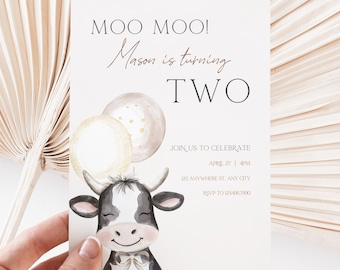 Moo Im Two Birthday Invitation, Editable Gender Neutral Cow Second Birthday Invitation Template, Printable Cow 2nd Birthday Invite BS190