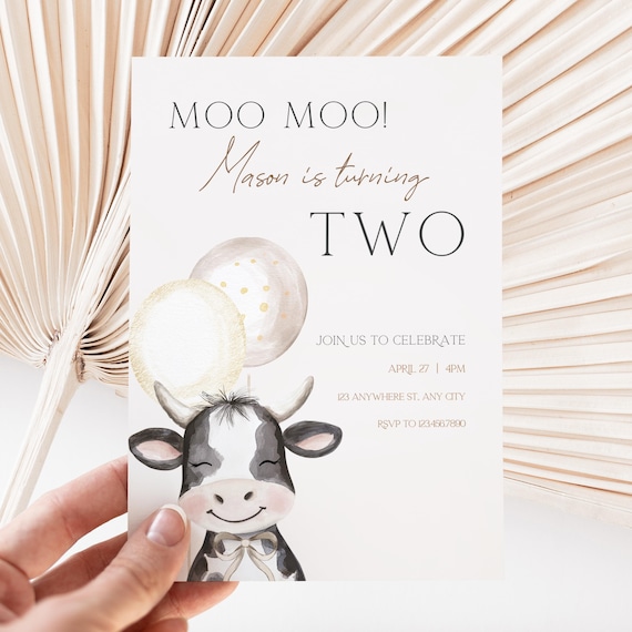 Moo Im Two Birthday Invitation, Editable Gender Neutral Cow Second Birthday Invitation Template, Printable Cow 2nd Birthday Invite BS190