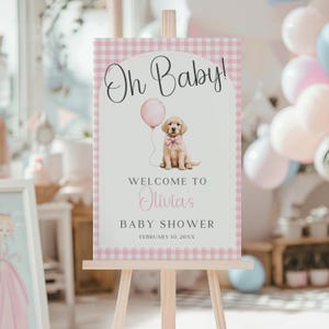 Puppy Baby Shower Welcome Sign, Editable Pink Girl Golden Retreiver Dog Baby Shower Welcome Sign Canva Template, Puppy Welcome Poster BS57