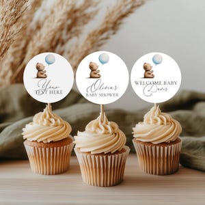 Wir können Bärenbabyparty-Kuchendeckel warten, bearbeitbarer blauer Ballon-Teddybär-Babyparty-Kuchendeckel, Bärenjungen-Duschedekor BS23