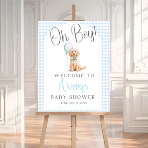 Placa de boas-vindas para chá de bebê de filhotes, modelo editável de placa de boas-vindas para chá de bebê de cachorro Golden Retriever Blue Boy Canva, pôster de boas-vindas para filhotes BS55
