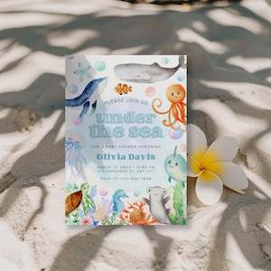 Under The Sea Baby Shower Invitation, Gender Neutral Sea Animals Baby Shower Invitation Canva Template, Nautical Ocean Invitation BS134