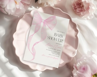 Bow and Pearls Baby Shower Invitation, Editable Template, Digital Download, Pink Coquette Girl Invite BS234