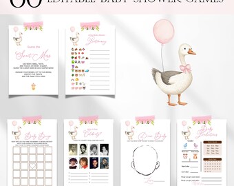 Silly Goose Baby Shower Games Bundle, Editable Pastel Floral Silly Goose Baby Shower Games, Spring Girl Goose Baby Shower Bingo Games BS142